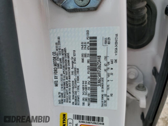 2020 Lincoln MKZ Standard с VIN 3LN6L5A97LR623448, выставлен на аукционе Copart как лот 61824625 с пробегом 64 217 миль миль и Списание • Salvage title. История ставок и продаж доступна на DreamBid. Изображение 12.