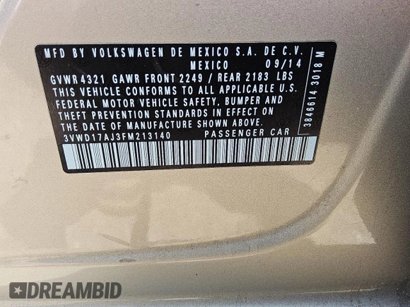 2015 Volkswagen Jetta SE with VIN 3VWD17AJ3FM213140, listed as a Copart auction lot 59301985 with 117,417 mi miles and Clean title. Bid and sale history available at DreamBid. Image 12.