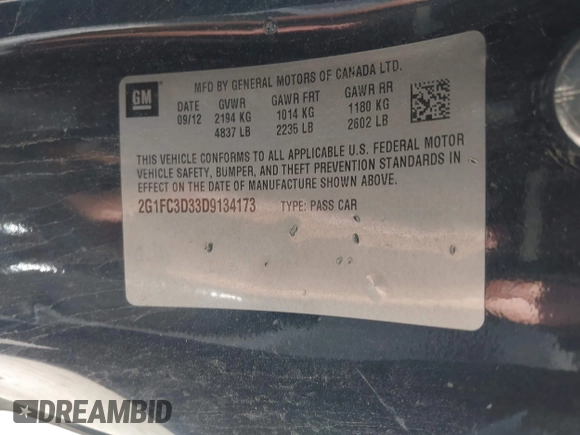 2013 Chevrolet Camaro LT z VIN 2G1FC3D33D9134173, wystawiony jako IAAI lot #41954984 z przebiegiem 157 919 mil mil oraz . Historia ofert i sprzedaży dostępna na DreamBid. Obrazek 9.