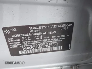 2015 BMW 3 Series 320i xDrive with VIN WBA3C3G57FNS74652, listed as a IAAI auction lot 41723695 with 146,919 mi miles and . Bid and sale history available at DreamBid. Image 9.