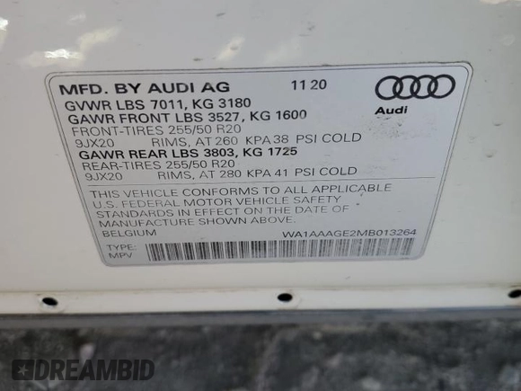 2021 Audi e-tron Premium with VIN WA1AAAGE2MB013264, listed as a Copart auction lot 42162803 with 0 mi miles. Bid and sale history available at carsss.com. Image 14.