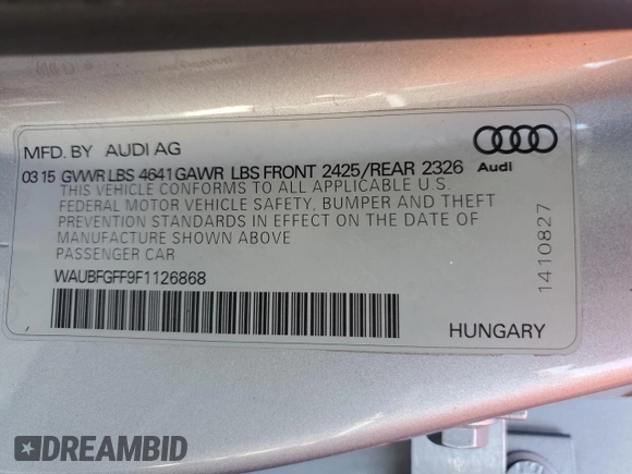 2015 Audi S3 2.0T Premium Plus with VIN WAUBFGFF9F1126868, listed as a Copart auction lot 78911154 with 0 mi miles and Salvage Title. Bid and sale history available at carsss.com. Image 12.