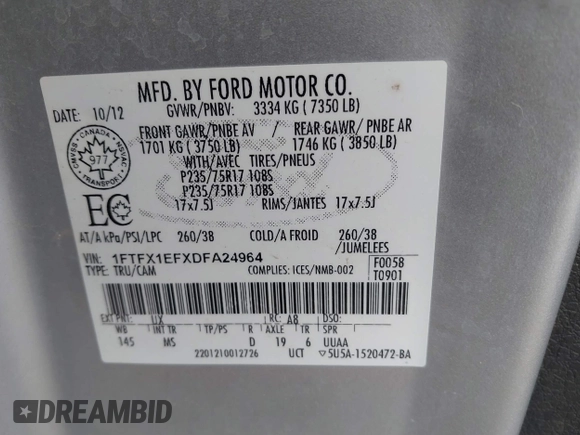2013 Ford F-150 XL z VIN 1FTFX1EFXDFA24964, wystawiony jako IAAI lot #40585632 z przebiegiem Nie podano mil oraz . Historia ofert i sprzedaży dostępna na DreamBid. Obrazek 9.