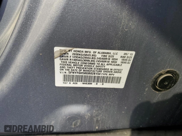 2016 Honda Pilot EX-L with VIN 5FNYF6H50GB028154, listed as a Copart auction lot 56675655 with 154,996 mi miles and Salvage Title. Bid and sale history available at DreamBid. Image 13.