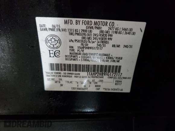 2015 Ford Taurus SEL with VIN 1FAHP2H89FG172117, listed as a Copart auction lot 49491575 with 134,922 mi miles and Salvage Title. Bid and sale history available at carsss.com. Image 13.