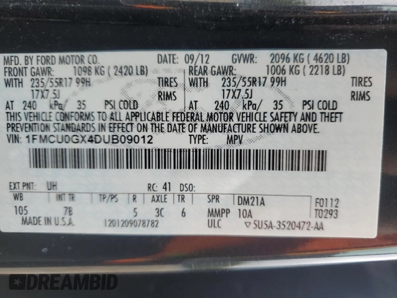2013 Ford Escape SE z VIN 1FMCU0GX4DUB09012, wystawiony jako Copart lot #79725264 z przebiegiem 128 210 mil mil oraz Szkoda całkowita • Salvage title. Historia ofert i sprzedaży dostępna na DreamBid. Obrazek 15.