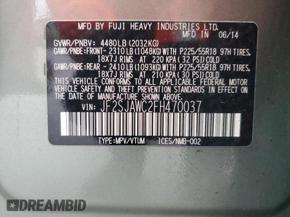 2015 Subaru Forester Touring with VIN JF2SJAWC2FH470037, listed as a Copart auction lot 55213135 with 157,515 mi miles and Salvage title. Bid and sale history available at DreamBid. Image 12.