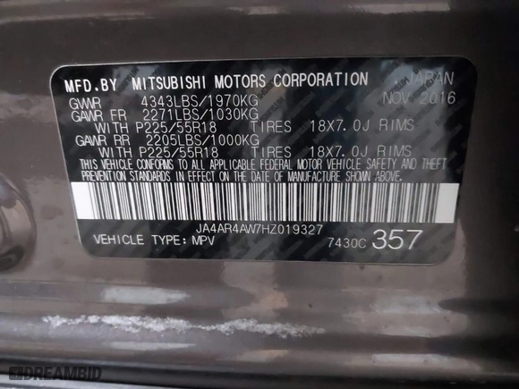 2017 Mitsubishi Outlander Sport SEL 2.4 with VIN JA4AR4AW7HZ019327, listed as a IAAI auction lot 41312723 with 85,043 mi miles. Bid and sale history available at carsss.com. Image 9.