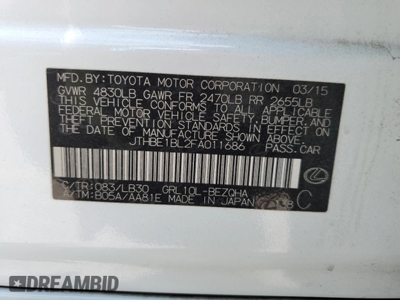 2015 Lexus GS 350 with VIN JTHBE1BL2FA011686, listed as a Copart auction lot 62676685 with 146,673 mi miles and Salvage title. Bid and sale history available at DreamBid. Image 12.