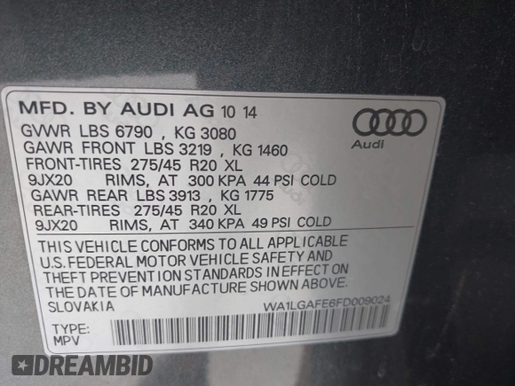 2015 Audi Q7 Premium Plus z VIN WA1LGAFE6FD009024, wystawiony jako IAAI lot #42282569 z przebiegiem 95 953 mil mil oraz . Historia ofert i sprzedaży dostępna na DreamBid. Obrazek 9.