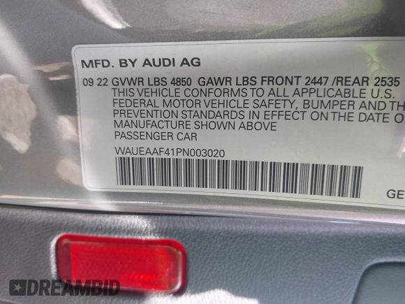 2023 Audi A4 S line Premium Plus z VIN WAUEAAF41PN003020, wystawiony jako IAAI lot #42369885 z przebiegiem 55 960 mil mil oraz . Historia ofert i sprzedaży dostępna na DreamBid. Obrazek 9.