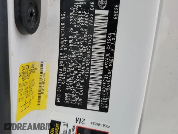 2011 Toyota Camry LE z VIN 4T1BF3EK6BU721532, wystawiony jako Copart lot #56635055 z przebiegiem 184 457 mil mil oraz Szkoda całkowita • Salvage title. Historia ofert i sprzedaży dostępna na DreamBid. Obrazek 13.
