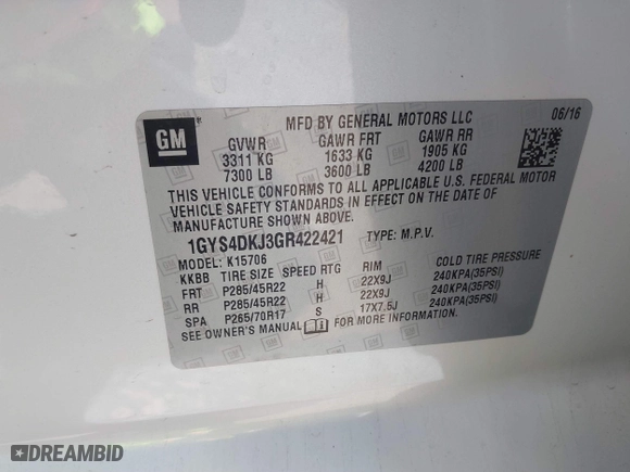 2016 Cadillac Escalade Platinum with VIN 1GYS4DKJ3GR422421, listed as a IAAI auction lot 41872635 with 62,526 mi miles. Bid and sale history available at carsss.com. Image 9.