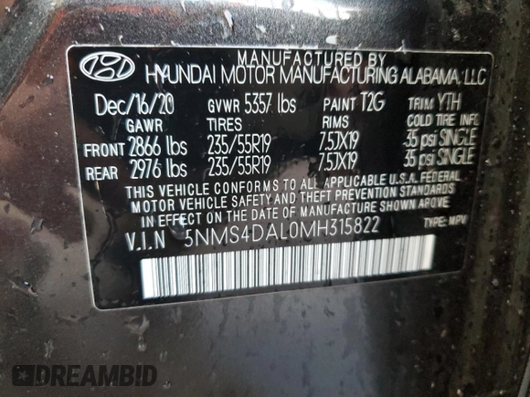 2021 Hyundai Santa Fe Limited with VIN 5NMS4DAL0MH315822, listed as a Copart auction lot 87260094 with 30,253 mi miles and Salvage Title. Bid and sale history available at carsss.com. Image 14.