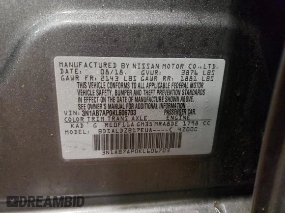 2019 Nissan Sentra SV with VIN 3N1AB7AP0KL606703, listed as a Copart auction lot 45501465 with 53,682 mi miles and Clean Title. Bid and sale history available at DreamBid. Image 12.