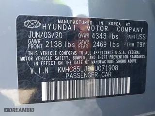 2020 Hyundai Ioniq Electric Limited with VIN KMHC85LJ9LU071908, listed as a IAAI auction lot 41620379 with 63,155 mi miles. Bid and sale history available at carsss.com. Image 9.