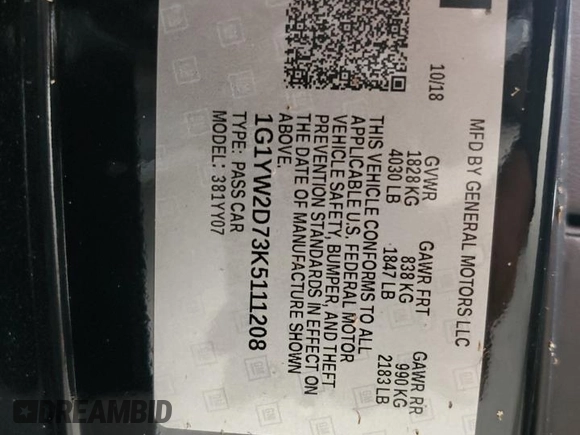 2019 Chevrolet Corvette Grand Sport 1LT z VIN 1G1YW2D73K5111208, wystawiony jako Copart lot #76806034 z przebiegiem Nie podano mil oraz Nie do naprawy • Non repairable. Historia ofert i sprzedaży dostępna na DreamBid. Obrazek 13.