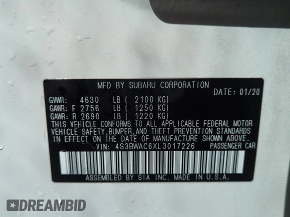 2020 Subaru Legacy Premium z VIN 4S3BWAC6XL3017226, wystawiony jako Copart lot #50627745 z przebiegiem 57 611 mil mil oraz Szkody całkowita. Historia ofert i sprzedaży dostępna na DreamBid. Obrazek 12.