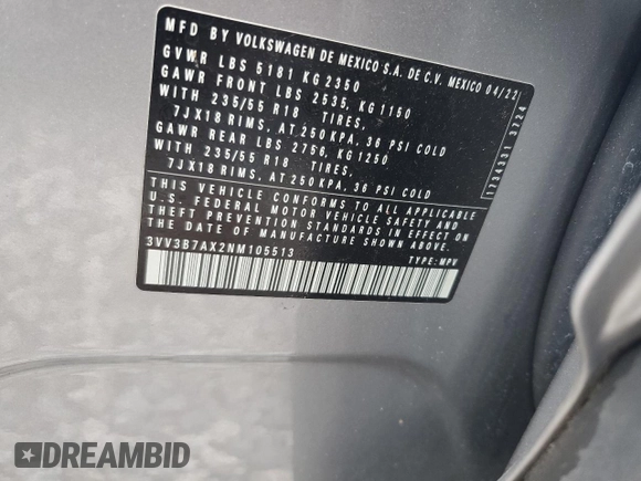 2022 Volkswagen Tiguan SE with VIN 3VV3B7AX2NM105513, listed as a Copart auction lot 62281665 with 97,481 mi miles and Salvage title. Bid and sale history available at DreamBid. Image 12.