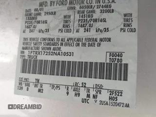 2002 Ford F-150 XL with VIN 1FTRX17252NA10531, listed as a IAAI auction lot 42686395 with 159,211 mi miles and . Bid and sale history available at DreamBid. Image 9.