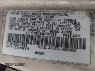 2003 Toyota Camry LE with VIN 4T1BE32K13U787169, listed as a IAAI auction lot 41910931 with 193,198 mi miles and . Bid and sale history available at DreamBid. Image 9.
