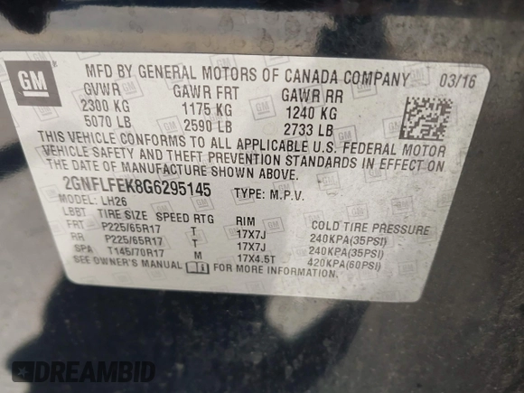 2016 Chevrolet Equinox LT with VIN 2GNFLFEK8G6295145, listed as a IAAI auction lot 42172224 with 147,282 mi miles and . Bid and sale history available at carsss.com. Image 9.