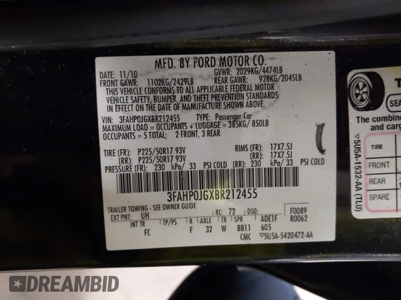 2011 Ford Fusion SEL with VIN 3FAHP0JGXBR212455, listed as a IAAI auction lot 41995300 with 222,018 mi miles. Bid and sale history available at carsss.com. Image 9.