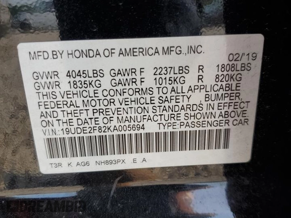 2019 Acura ILX Premium with VIN 19UDE2F82KA005694, listed as a Copart auction lot 59577855 with 75,721 mi miles and Salvage title. Bid and sale history available at DreamBid. Image 12.
