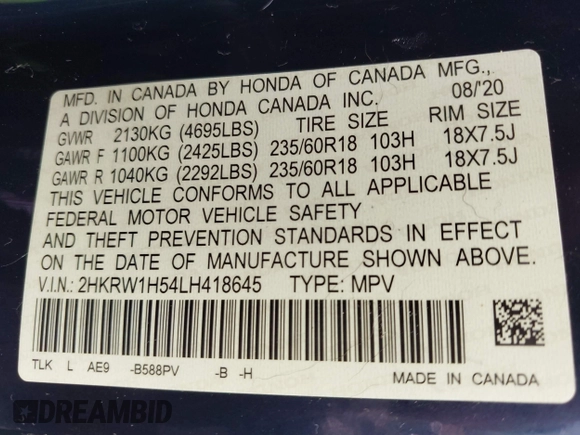 2020 Honda CR-V EX with VIN 2HKRW1H54LH418645, listed as a IAAI auction lot 41746020 with 78,390 mi miles. Bid and sale history available at carsss.com. Image 9.