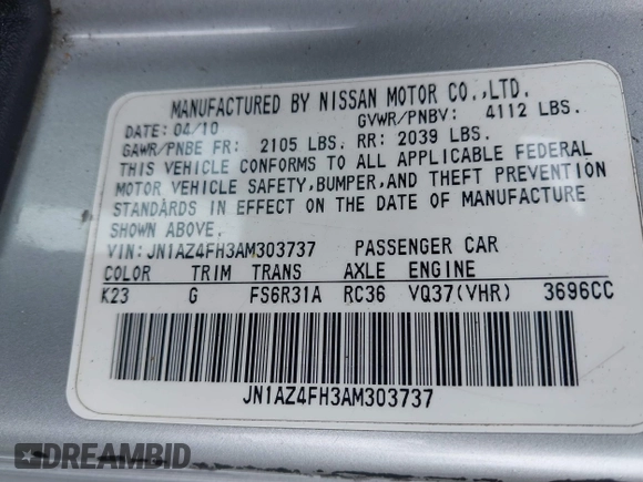 2010 Nissan 370Z Touring с VIN JN1AZ4FH3AM303737, выставлен на аукционе IAAI как лот 42416041 с пробегом 102 381 миль миль и . История ставок и продаж доступна на DreamBid. Изображение 9.