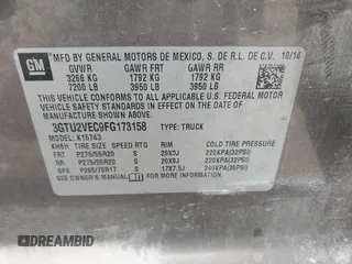 2015 GMC Sierra 1500 SLT with VIN 3GTU2VEC9FG173158, listed as a IAAI auction lot 41934631 with 207,226 mi miles and . Bid and sale history available at DreamBid. Image 9.