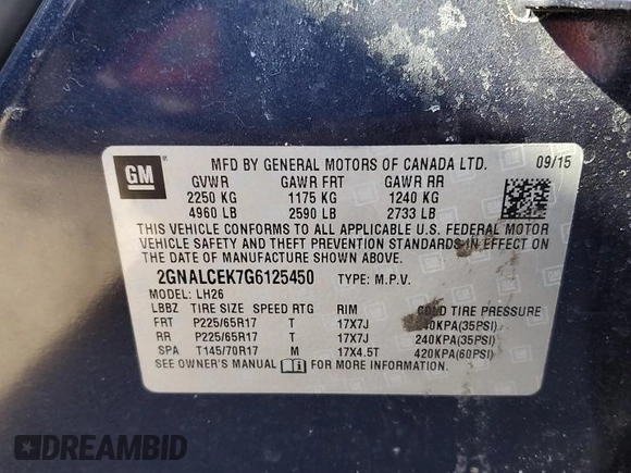 2016 Chevrolet Equinox LT with VIN 2GNALCEK7G6125450, listed as a Copart auction lot 46211355 with 152,895 mi miles and Salvage Title. Bid and sale history available at DreamBid. Image 13.