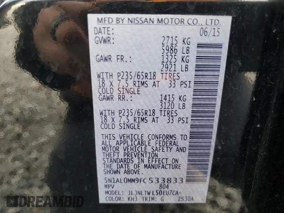 2015 Infiniti QX60 with VIN 5N1AL0MM9FC533833, listed as a Copart auction lot 56818725 with 160,761 mi miles and Salvage title. Bid and sale history available at DreamBid. Image 13.