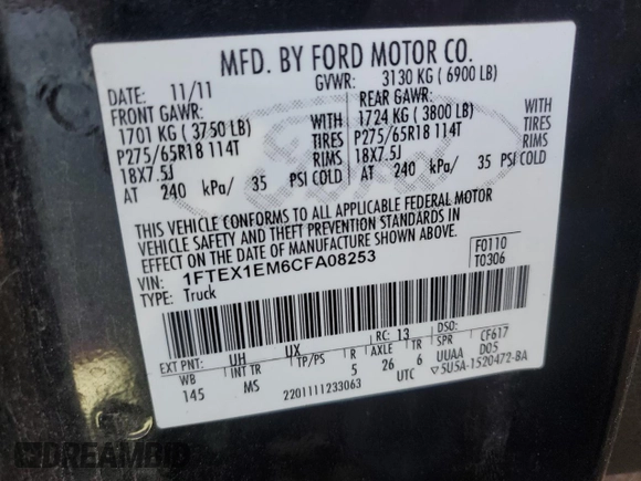 2012 Ford F-150 XL with VIN 1FTEX1EM6CFA08253, listed as a Copart auction lot 78301304 with 0 mi miles and Clean Title. Bid and sale history available at carsss.com. Image 13.