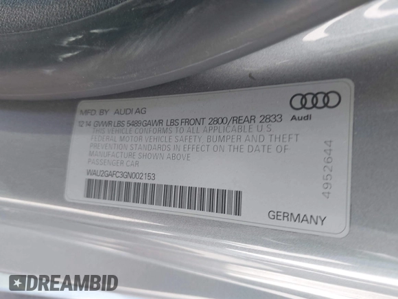2016 Audi A7 Prestige z VIN WAU2GAFC3GN002153, wystawiony jako IAAI lot #42292870 z przebiegiem 161 013 mil mil oraz . Historia ofert i sprzedaży dostępna na DreamBid. Obrazek 9.