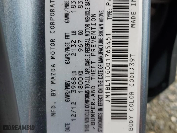 2013 Mazda Mazda3 i SV with VIN JM1BL1TG0D1765451, listed as a Copart auction lot 51161175 with 125,475 mi miles and Salvage Title. Bid and sale history available at carsss.com. Image 12.