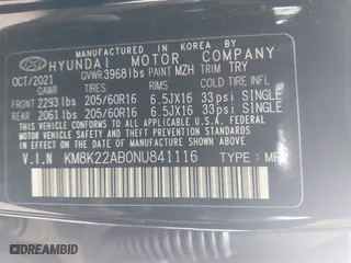 2022 Hyundai Kona Preferred with VIN KM8K22AB0NU841116, listed as a IAAI auction lot 41562114 with 31,978 mi miles. Bid and sale history available at carsss.com. Image 9.