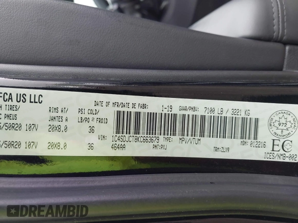 2019 Dodge Durango R/T с VIN 1C4SDJCT8KC663679, выставлен на аукционе IAAI как лот 42456952 с пробегом 68 369 миль миль и . История ставок и продаж доступна на DreamBid. Изображение 9.