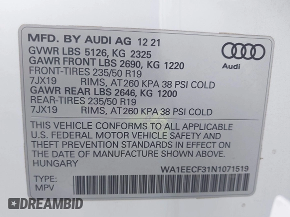 2022 Audi Q3 S line Premium Plus with VIN WA1EECF31N1071519, listed as a IAAI auction lot 41566512 with 32,045 mi miles. Bid and sale history available at carsss.com. Image 9.