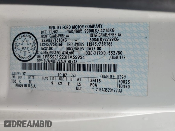 2003 Ford Econoline Passenger XL z VIN 1FBSS31S23HA52924, wystawiony jako Copart lot #77257404 z przebiegiem 170 077 mil mil oraz Nie do naprawy • Non repairable. Historia ofert i sprzedaży dostępna na DreamBid. Obrazek 13.