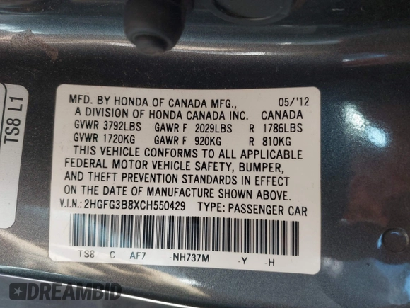2012 Honda Civic Cpe EX with VIN 2HGFG3B8XCH550429, listed as a IAAI auction lot 41387936 with 176,432 mi miles. Bid and sale history available at carsss.com. Image 9.