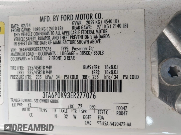 2014 Ford Fusion Titanium with VIN 3FA6P0K93ER277076, listed as a IAAI auction lot 41858755 with 209,233 mi miles and . Bid and sale history available at DreamBid. Image 9.