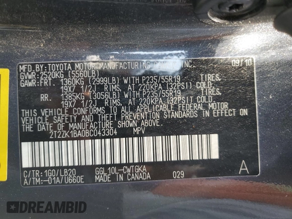 2011 Lexus RX 350 with VIN 2T2ZK1BA0BC043304, listed as a Copart auction lot 61614735 with 77,469 mi miles and Salvage title. Bid and sale history available at DreamBid. Image 13.