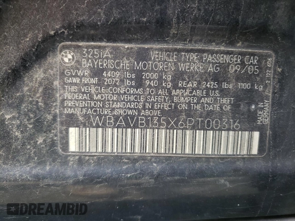 2006 BMW 3 Series 325i z VIN WBAVB135X6PT00316, wystawiony jako Copart lot #55392895 z przebiegiem Nie podano mil oraz Szkoda całkowita • Salvage title. Historia ofert i sprzedaży dostępna na DreamBid. Obrazek 12.