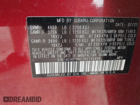 2022 Subaru Outback Limited with VIN 4S4BTANC7N3125409, listed as a IAAI auction lot 42191757 with 47,530 mi miles and . Bid and sale history available at DreamBid. Image 9.