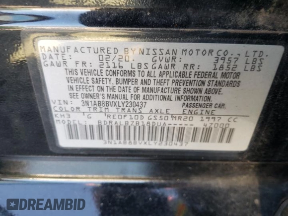 2020 Nissan Sentra S with VIN 3N1AB8BVXLY230437, listed as a Copart auction lot 50471005 with 134,605 mi miles and Clean Title. Bid and sale history available at carsss.com. Image 12.