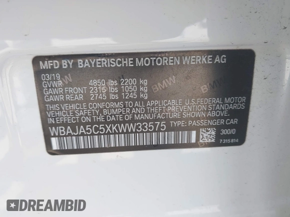 2019 BMW 5 Series 530i with VIN WBAJA5C5XKWW33575, listed as a IAAI auction lot 42217081 with 55,379 mi miles and . Bid and sale history available at DreamBid. Image 9.