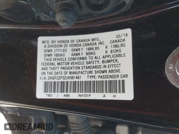 2018 Honda Civic LX with VIN 2HGFC2F52JH561461, listed as a IAAI auction lot 42030164 with 125,875 mi miles. Bid and sale history available at carsss.com. Image 9.