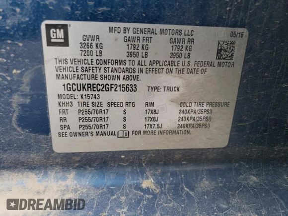 2016 Chevrolet Silverado 1500 LT with VIN 1GCUKREC2GF215633, listed as a Copart auction lot 83701444 with 172,062 mi miles and Clean Title. Bid and sale history available at DreamBid. Image 12.
