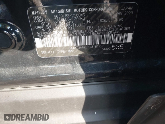 2020 Mitsubishi Eclipse Cross ES with VIN JA4AT3AA9LZ031617, listed as a IAAI auction lot 41436671 with 70,622 mi miles and . Bid and sale history available at DreamBid. Image 9.